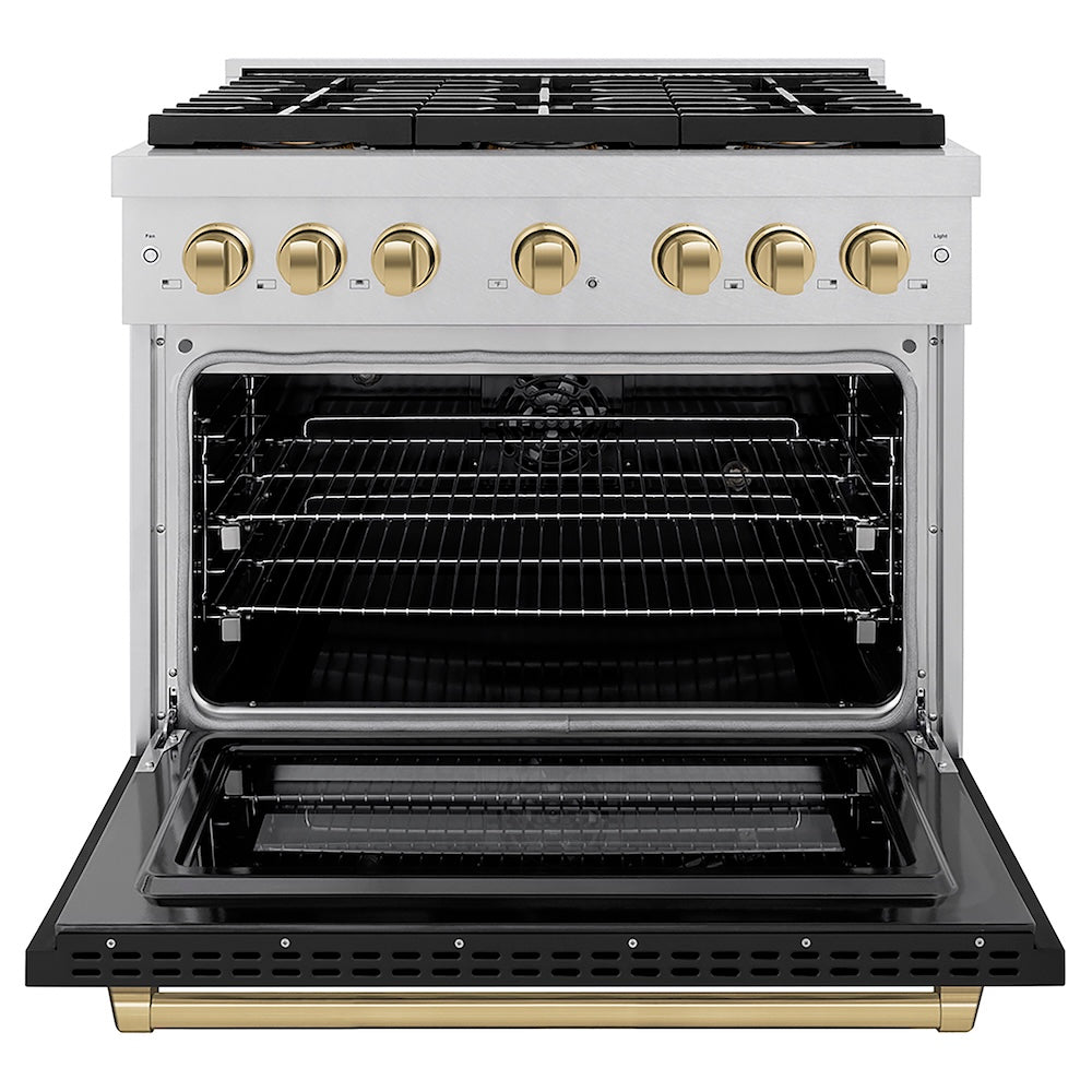 ZLINE Autograph Edition 36 in. 5.2 cu. ft. Paramount Dual Fuel Range with 6 Burner DuoPro™ Cooktop and Electric Convection Oven in Satin Stainless Steel with Black Matte Door and Champagne Bronze Accents (PSDRSZ-BLM36-CB) front, oven open.