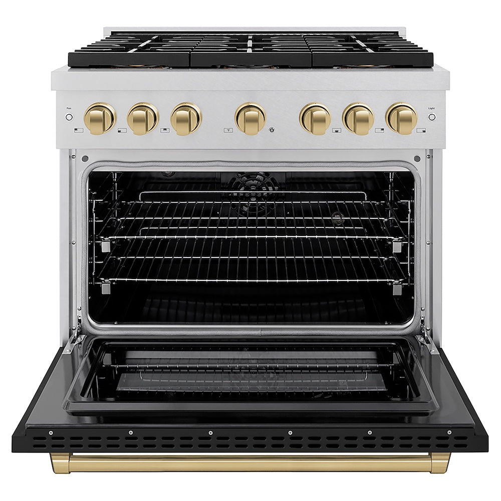 ZLINE Autograph Edition 36 in. 5.2 cu. ft. Paramount Dual Fuel Range with 6 Burner DuoPro™ Cooktop and Electric Convection Oven in Satin Stainless Steel with Black Matte Door and Champagne Bronze Accents, Open Box-Good Condition