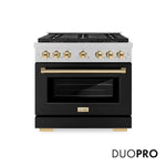 ZLINE Autograph Edition 36 in. 5.2 cu. ft. Paramount Dual Fuel Range with 6 Burner DuoPro™ Cooktop and Electric Convection Oven in Satin Stainless Steel with Black Matte Door and Polished Gold Accents (PSDRSZ-BLM36-G) front, with DuoPro™ logo.