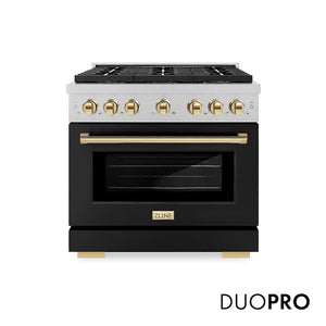 ZLINE Autograph Edition 36 in. 5.2 cu. ft. Paramount Dual Fuel Range with 6 Burner DuoPro™ Cooktop and Electric Convection Oven in Satin Stainless Steel with Black Matte Door and Polished Gold Accents (PSDRSZ-BLM36-G) main image.