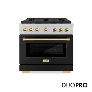 ZLINE Autograph Edition 36 in. 5.2 cu. ft. Paramount Dual Fuel Range with 6 Burner DuoPro™ Cooktop and Electric Convection Oven in Satin Stainless Steel with Black Matte Door and Polished Gold Accents, Open Box-Great Condition main image.