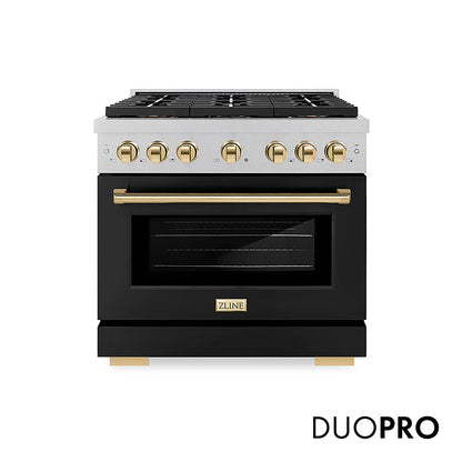 ZLINE Autograph Edition 36 in. 5.2 cu. ft. Paramount Dual Fuel Range with 6 Burner DuoPro™ Cooktop and Electric Convection Oven in Satin Stainless Steel with Black Matte Door and Polished Gold Accents, Open Box-Great Condition