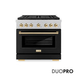 ZLINE Autograph Edition 36 in. 5.2 cu. ft. Paramount Dual Fuel Range with 6 Burner DuoPro™ Cooktop and Electric Convection Oven in Satin Stainless Steel with Black Matte Door and Polished Gold Accents, Open Box-Good Condition