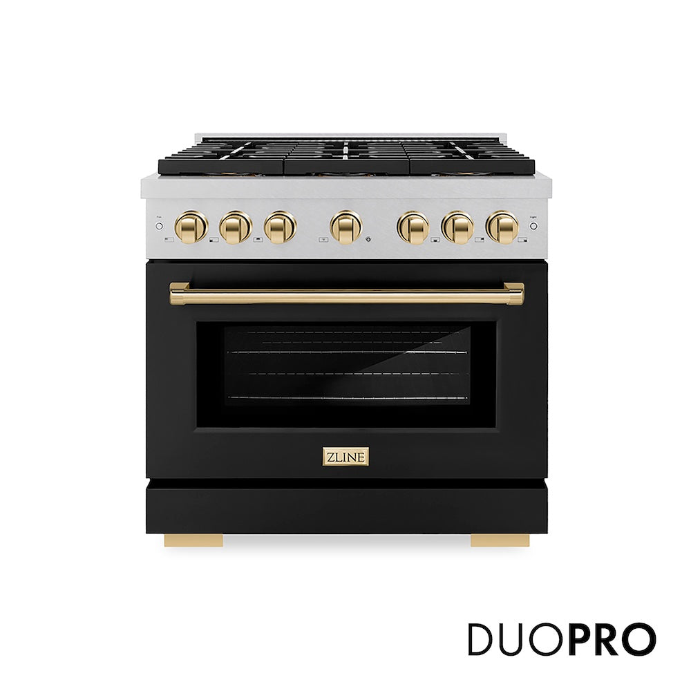 ZLINE Autograph Edition 36 in. 5.2 cu. ft. Paramount Dual Fuel Range with 6 Burner DuoPro™ Cooktop and Electric Convection Oven in Satin Stainless Steel with Black Matte Door and Polished Gold Accents, Open Box-Good Condition