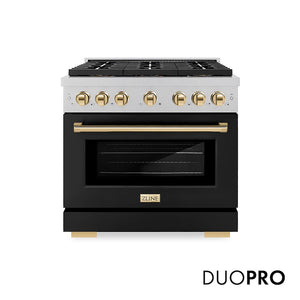ZLINE Autograph Edition 36 in. 5.2 cu. ft. Paramount Dual Fuel Range with 6 Burner DuoPro™ Cooktop and Electric Convection Oven in Satin Stainless Steel with Black Matte Door and Polished Gold Accents, Open Box-Good Condition main image.