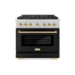 ZLINE Autograph Edition 36 in. 5.2 cu. ft. Paramount Dual Fuel Range with 6 Burner DuoPro™ Cooktop and Electric Convection Oven in Satin Stainless Steel with Black Matte Door and Polished Gold Accents (PSDRSZ-BLM36-G) front.