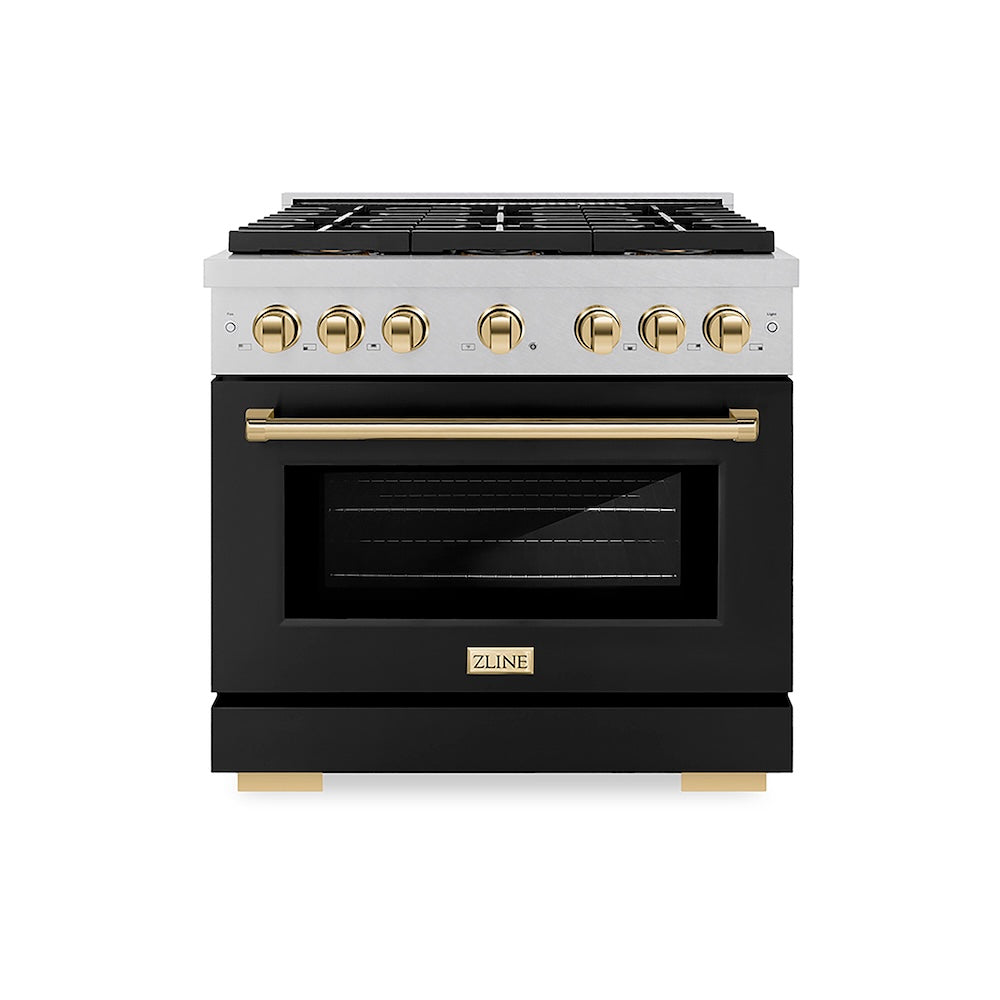 ZLINE Autograph Edition 36 in. 5.2 cu. ft. Paramount Dual Fuel Range with 6 Burner DuoPro™ Cooktop and Electric Convection Oven in Satin Stainless Steel with Black Matte Door and Polished Gold Accents (PSDRSZ-BLM36-G) front.