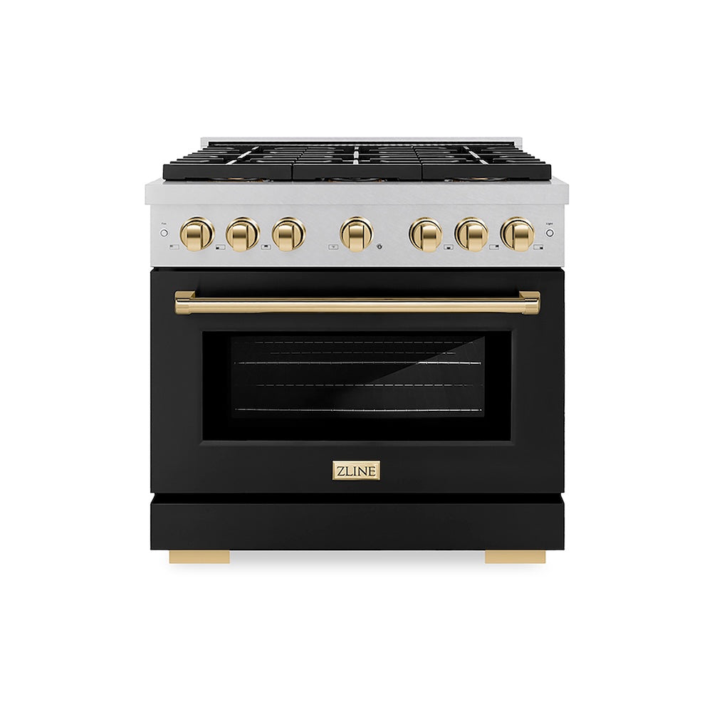 ZLINE Autograph Edition 36 in. 5.2 cu. ft. Paramount Dual Fuel Range with 6 Burner DuoPro™ Cooktop and Electric Convection Oven in Satin Stainless Steel with Black Matte Door and Polished Gold Accents, Open Box-Good Condition