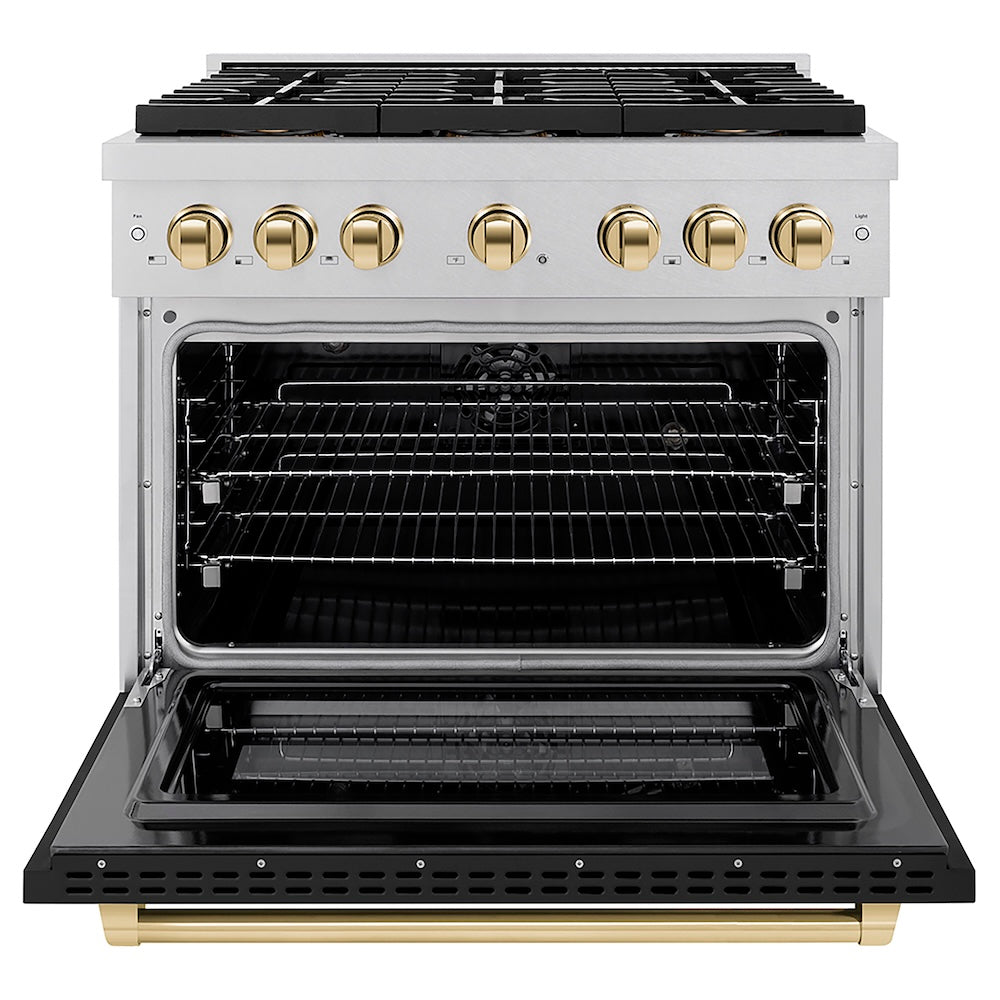 ZLINE Autograph Edition 36 in. 5.2 cu. ft. Paramount Dual Fuel Range with 6 Burner DuoPro™ Cooktop and Electric Convection Oven in Satin Stainless Steel with Black Matte Door and Polished Gold Accents, Open Box-Good Condition