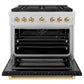 ZLINE Autograph Edition 36 in. 5.2 cu. ft. Paramount Dual Fuel Range with 6 Burner DuoPro™ Cooktop and Electric Convection Oven in Satin Stainless Steel with Black Matte Door and Polished Gold Accents (PSDRSZ-BLM36-G) front, oven open.