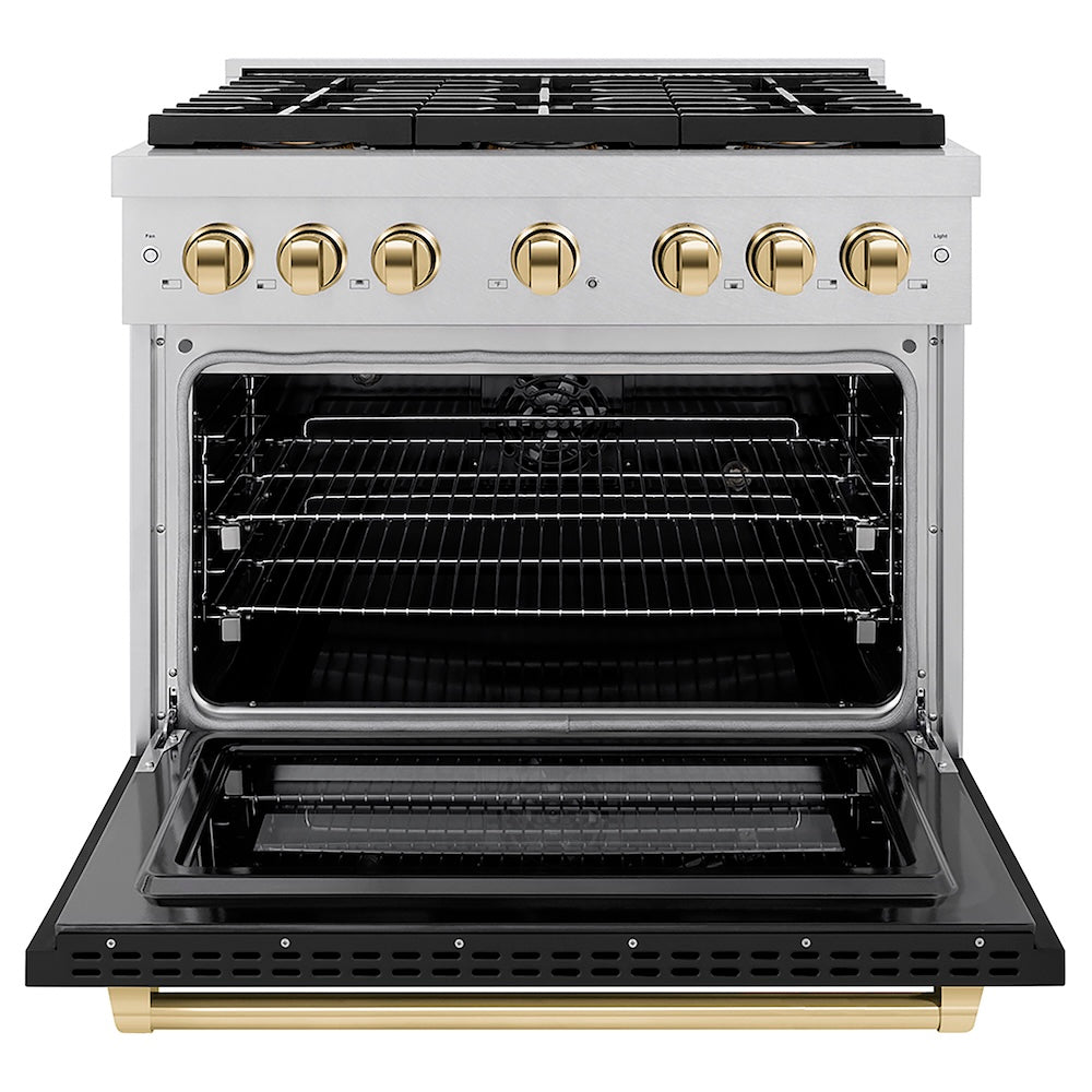 ZLINE Autograph Edition 36 in. 5.2 cu. ft. Paramount Dual Fuel Range with 6 Burner DuoPro™ Cooktop and Electric Convection Oven in Satin Stainless Steel with Black Matte Door and Polished Gold Accents (PSDRSZ-BLM36-G) front, oven open.