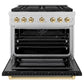 ZLINE Autograph Edition 36 in. 5.2 cu. ft. Paramount Dual Fuel Range with 6 Burner DuoPro™ Cooktop and Electric Convection Oven in Satin Stainless Steel with Black Matte Door and Polished Gold Accents, Open Box-Great Condition