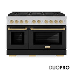 ZLINE Autograph Edition 48 in. 6.7 cu. ft. Paramount Dual Fuel Range with 8 Burner DuoPro™ Cooktop and Dual Ovens in Satin Stainless Steel with Black Matte Doors and Champagne Bronze Accents, Open Box-Good Condition