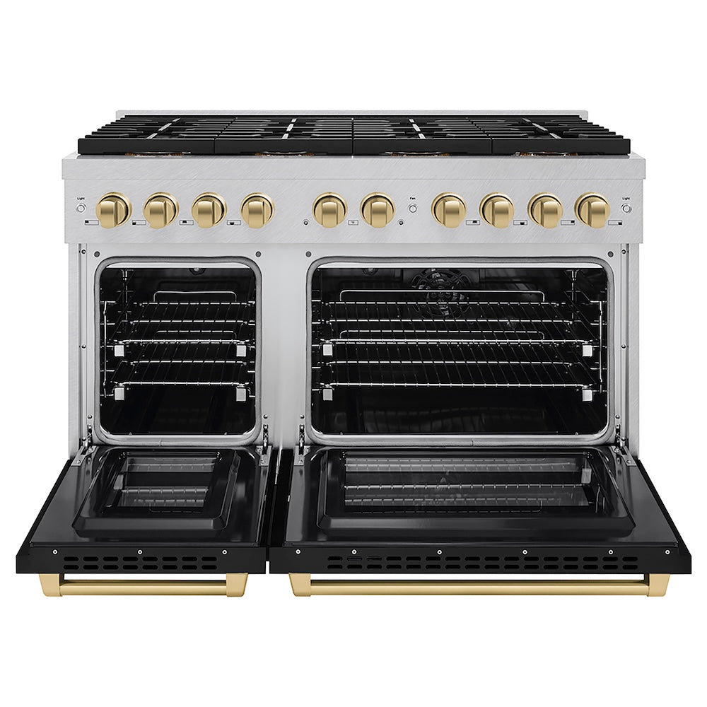 ZLINE Autograph Edition 48 in. 6.7 cu. ft. Paramount Dual Fuel Range with 8 Burner DuoPro™ Cooktop and Dual Ovens in Satin Stainless Steel with Black Matte Doors and Champagne Bronze Accents, Open Box-Good Condition