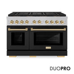ZLINE Autograph Edition 48 in. 6.7 cu. ft. Paramount Dual Fuel Range with 8 Burner DuoPro™ Cooktop and Dual Ovens in Satin Stainless Steel with Black Matte Doors and Polished Gold Accents (PSDRSZ-BLM48-G) main image.
