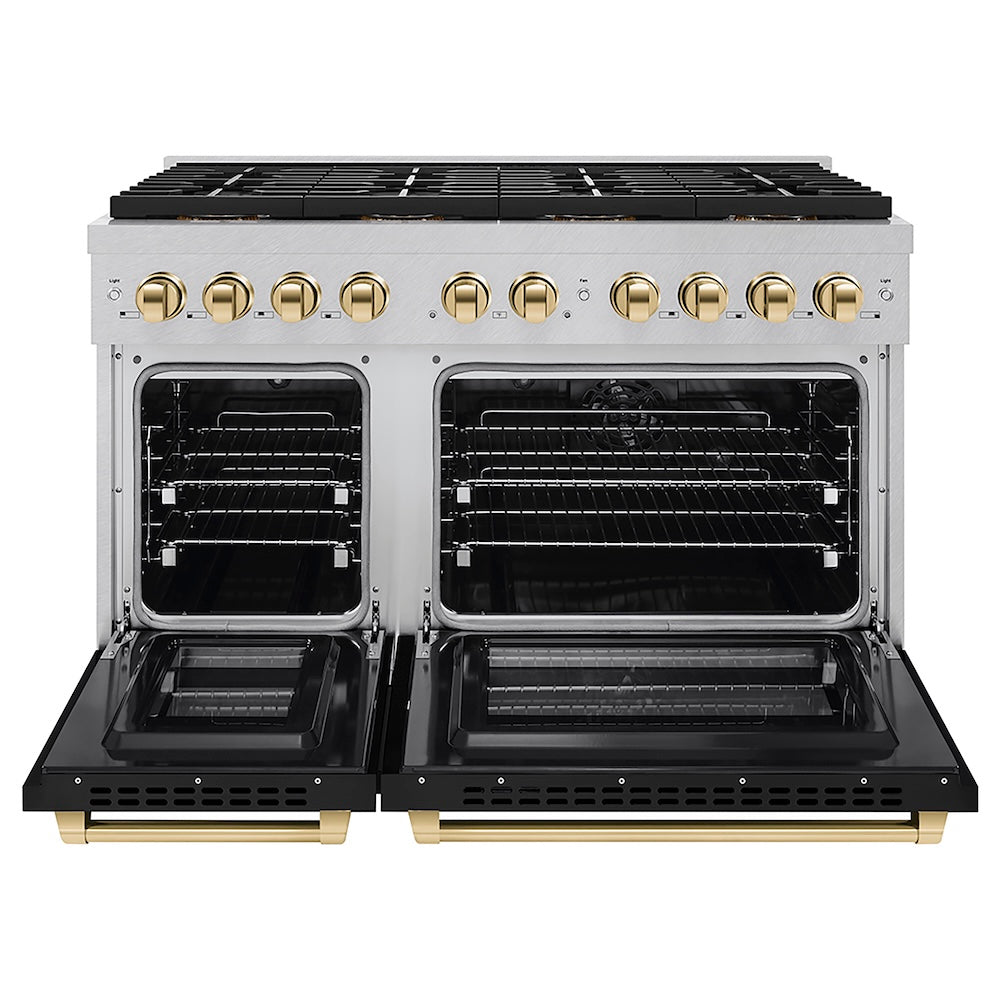 ZLINE Autograph Edition 48 in. 6.7 cu. ft. Paramount Dual Fuel Range with 8 Burner DuoPro™ Cooktop and Dual Ovens in Satin Stainless Steel with Black Matte Doors and Polished Gold Accents, Open Box-Good Condition