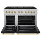 ZLINE Autograph Edition 48 in. 6.7 cu. ft. Paramount Dual Fuel Range with 8 Burner DuoPro™ Cooktop and Dual Ovens in Satin Stainless Steel with Black Matte Doors and Polished Gold Accents (PSDRSZ-BLM48-G) front, oven open.