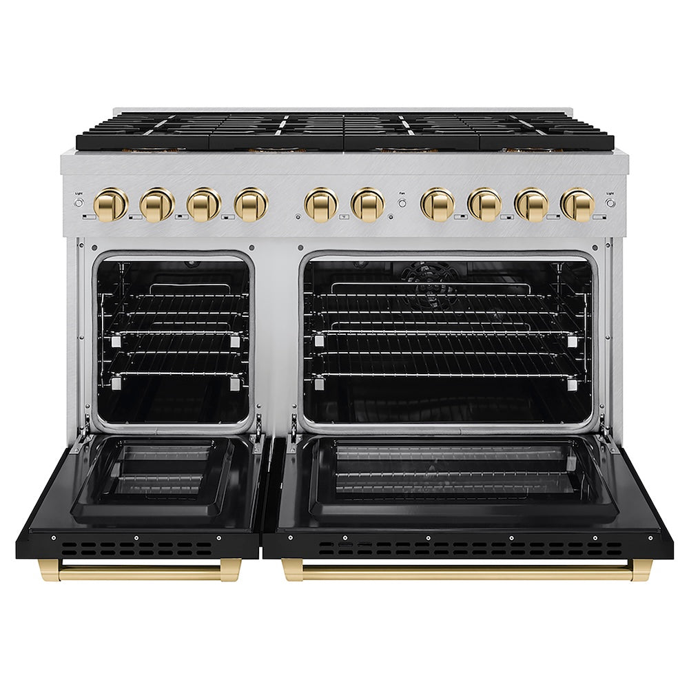 ZLINE Autograph Edition 48 in. 6.7 cu. ft. Paramount Dual Fuel Range with 8 Burner DuoPro™ Cooktop and Dual Ovens in Satin Stainless Steel with Black Matte Doors and Polished Gold Accents (PSDRSZ-BLM48-G) front, oven open.
