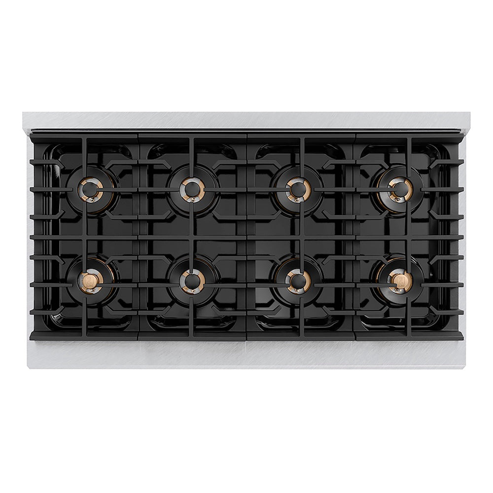 ZLINE Autograph Edition 48 in. 6.7 cu. ft. Paramount Dual Fuel Range with 8 Burner DuoPro™ Cooktop and Dual Ovens in Satin Stainless Steel with Black Matte Doors and Polished Gold Accents (PSDRSZ-BLM48-G) top-down, above cooktop.