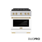 ZLINE Autograph Edition 30 in. 4.2 cu. ft. Paramount Dual Fuel Range with 4 Burner DuoPro™ Cooktop and Electric Convection Oven in Satin Stainless Steel with White Matte Door and Champagne Bronze Accents (PSDRSZ-WM-30-CB) front, with DuoPro™ logo.