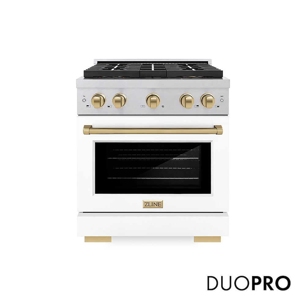 ZLINE Autograph Edition 30 in. 4.2 cu. ft. Paramount Dual Fuel Range with 4 Burner DuoPro™ Cooktop and Electric Convection Oven in Satin Stainless Steel with White Matte Door and Champagne Bronze Accents (PSDRSZ-WM-30-CB) front, with DuoPro™ logo.
