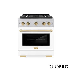 ZLINE Autograph Edition 30 in. 4.2 cu. ft. Paramount Dual Fuel Range with 4 Burner DuoPro™ Cooktop and Electric Convection Oven in Satin Stainless Steel with White Matte Door and Champagne Bronze Accents (PSDRSZ-WM-30-CB) main image.