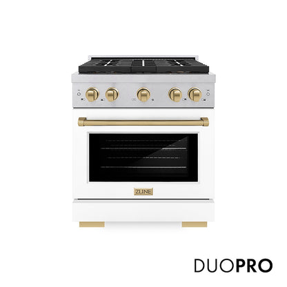 ZLINE Autograph Edition 30 in. 4.2 cu. ft. Paramount Dual Fuel Range with 4 Burner DuoPro™ Cooktop and Electric Convection Oven in Satin Stainless Steel with White Matte Door and Champagne Bronze Accents (PSDRSZ-WM-30-CB) front, with DuoPro™ logo.