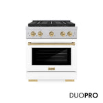 ZLINE Autograph Edition 30 in. 4.2 cu. ft. Paramount Dual Fuel Range with 4 Burner DuoPro™ Cooktop and Electric Convection Oven in Satin Stainless Steel with White Matte Door and Champagne Bronze Accents, Open Box-Good Condition