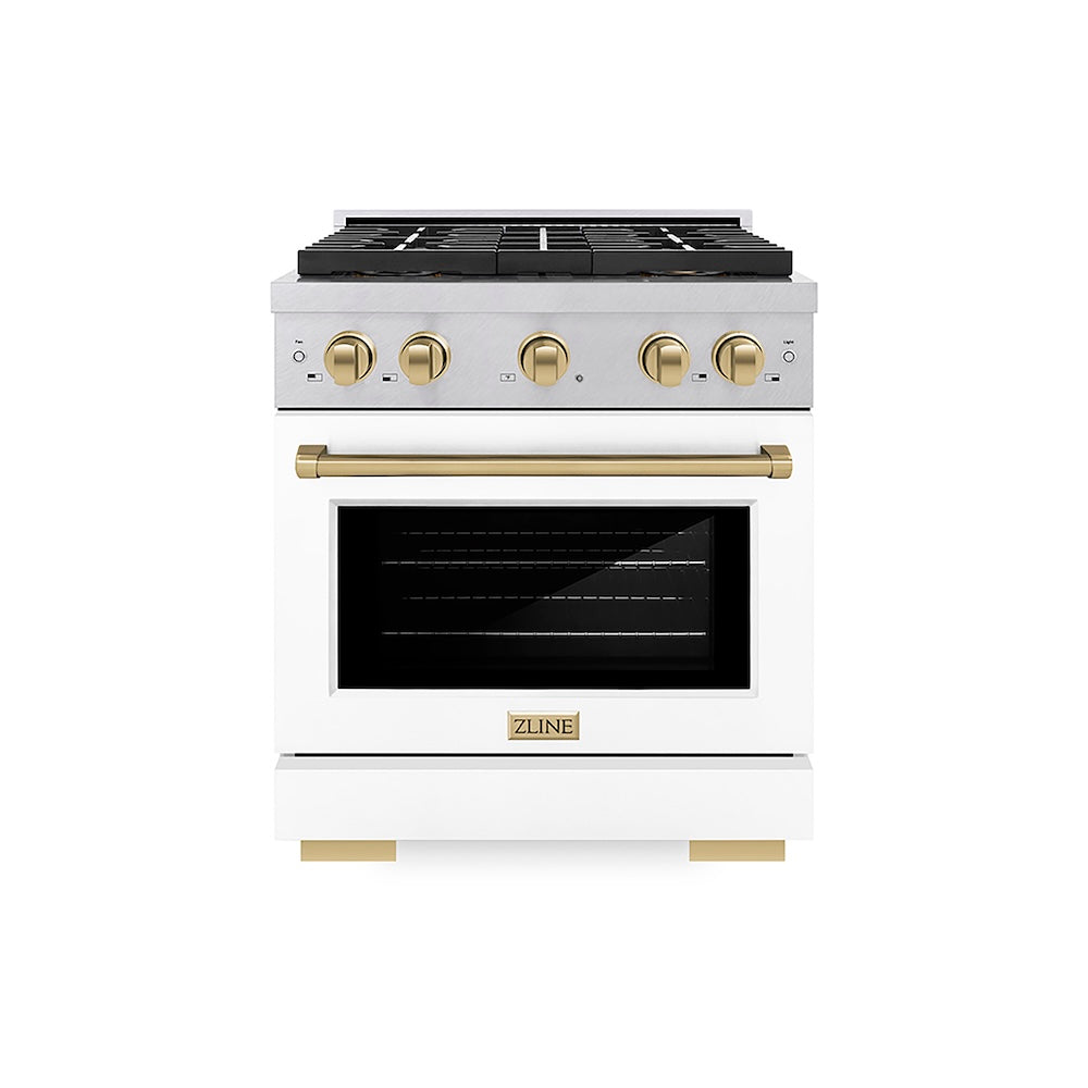ZLINE Autograph Edition 30 in. 4.2 cu. ft. Paramount Dual Fuel Range with 4 Burner DuoPro™ Cooktop and Electric Convection Oven in Satin Stainless Steel with White Matte Door and Champagne Bronze Accents, Open Box-Good Condition