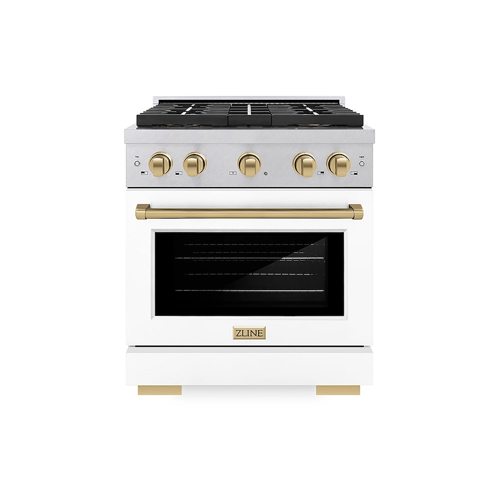 ZLINE Autograph Edition 30 in. 4.2 cu. ft. Paramount Dual Fuel Range with 4 Burner DuoPro™ Cooktop and Electric Convection Oven in Satin Stainless Steel with White Matte Door and Champagne Bronze Accents (PSDRSZ-WM-30-CB) front.