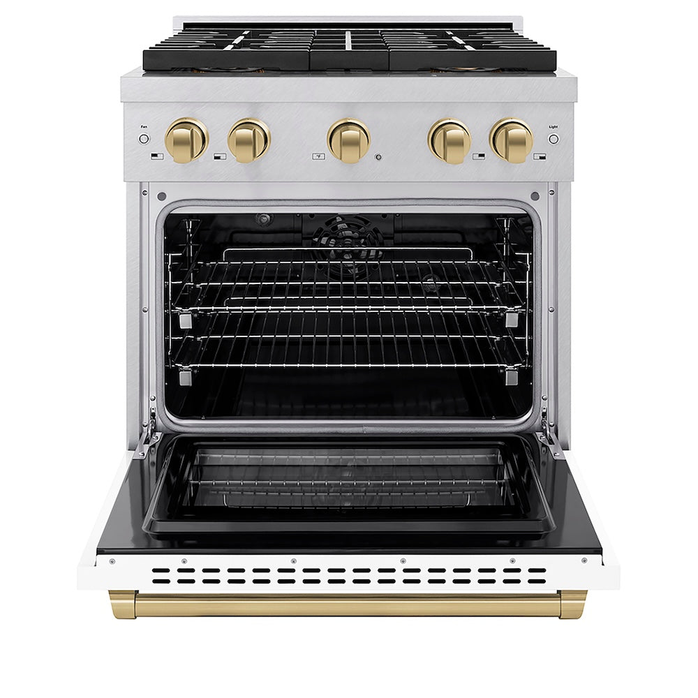 ZLINE Autograph Edition 30 in. 4.2 cu. ft. Paramount Dual Fuel Range with 4 Burner DuoPro™ Cooktop and Electric Convection Oven in Satin Stainless Steel with White Matte Door and Champagne Bronze Accents (PSDRSZ-WM-30-CB) front, oven open.
