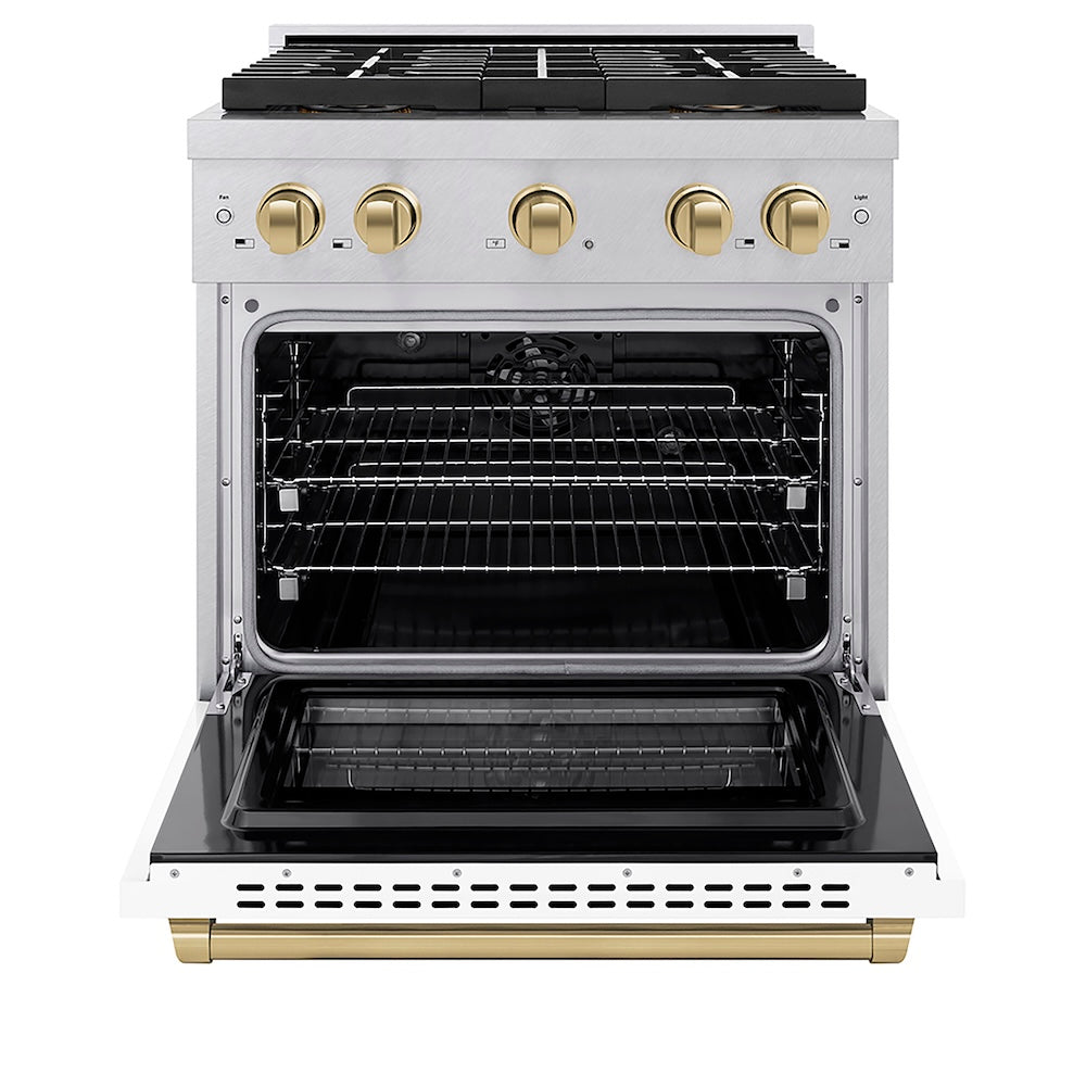 ZLINE Autograph Edition 30 in. 4.2 cu. ft. Paramount Dual Fuel Range with 4 Burner DuoPro™ Cooktop and Electric Convection Oven in Satin Stainless Steel with White Matte Door and Champagne Bronze Accents, Open Box-Good Condition