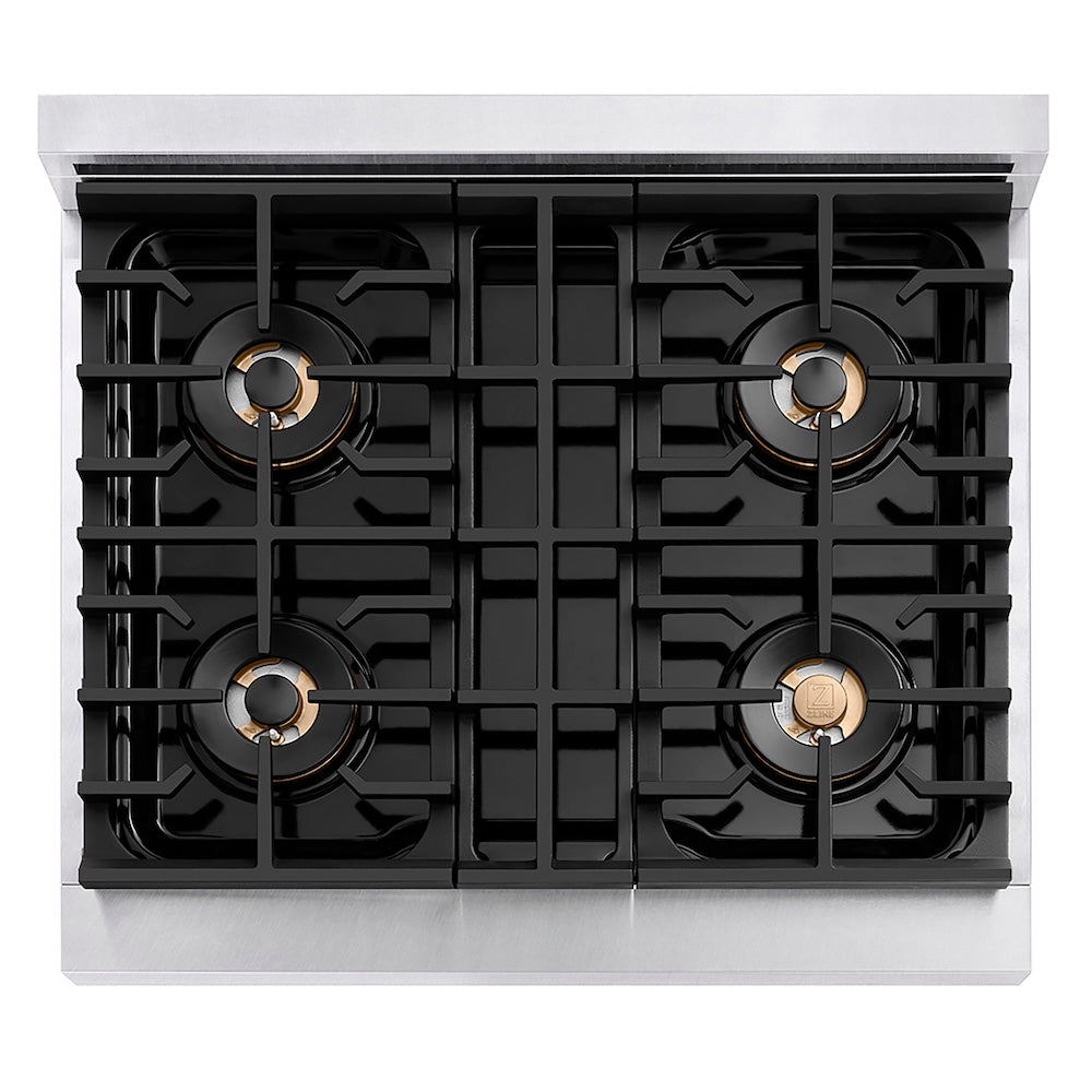 ZLINE Autograph Edition 30 in. 4.2 cu. ft. Paramount Dual Fuel Range with 4 Burner DuoPro™ Cooktop and Electric Convection Oven in Satin Stainless Steel with White Matte Door and Champagne Bronze Accents, Open Box-Good Condition