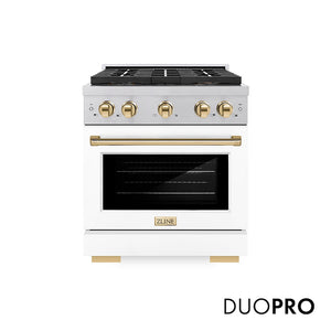 ZLINE Autograph Edition 30 in. 4.2 cu. ft. Paramount Dual Fuel Range with 4 Burner DuoPro™ Cooktop and Electric Convection Oven in Satin Stainless Steel with White Matte Door and Polished Gold Accents (PSDRSZ-WM-30-G) main image.