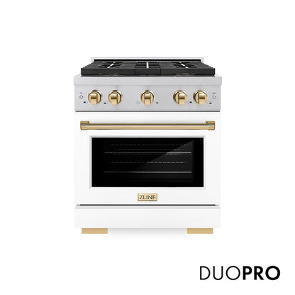 ZLINE Autograph Edition 30 in. 4.2 cu. ft. Paramount Dual Fuel Range with 4 Burner DuoPro™ Cooktop and Electric Convection Oven in Satin Stainless Steel with White Matte Door and Polished Gold Accents (PSDRSZ-WM-30-G) front, with DuoPro™ logo.
