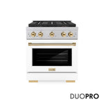ZLINE Autograph Edition 30 in. 4.2 cu. ft. Paramount Dual Fuel Range with 4 Burner DuoPro™ Cooktop and Electric Convection Oven in Satin Stainless Steel with White Matte Door and Polished Gold Accents, Open Box-Good Condition