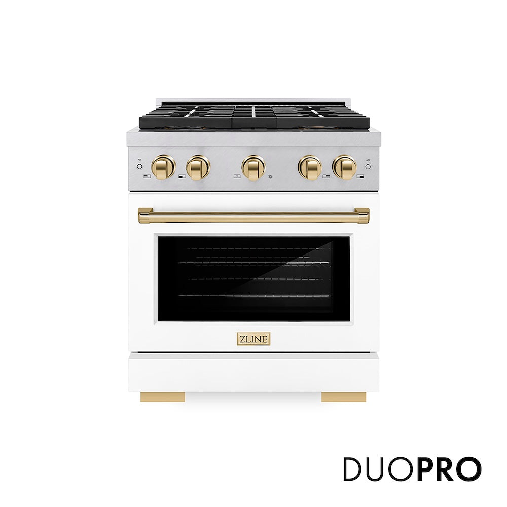 ZLINE Autograph Edition 30 in. 4.2 cu. ft. Paramount Dual Fuel Range with 4 Burner DuoPro™ Cooktop and Electric Convection Oven in Satin Stainless Steel with White Matte Door and Polished Gold Accents, Open Box-Good Condition