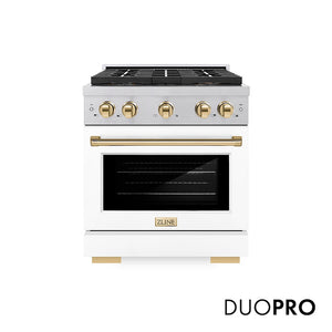 ZLINE Autograph Edition 30 in. 4.2 cu. ft. Paramount Dual Fuel Range with 4 Burner DuoPro™ Cooktop and Electric Convection Oven in Satin Stainless Steel with White Matte Door and Polished Gold Accents, Open Box-Good Condition main image.