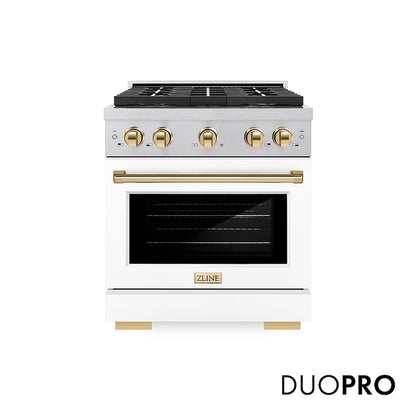 ZLINE Autograph Edition 30 in. 4.2 cu. ft. Paramount Dual Fuel Range with 4 Burner DuoPro™ Cooktop and Electric Convection Oven in Satin Stainless Steel with White Matte Door and Polished Gold Accents, Open Box-Good Condition