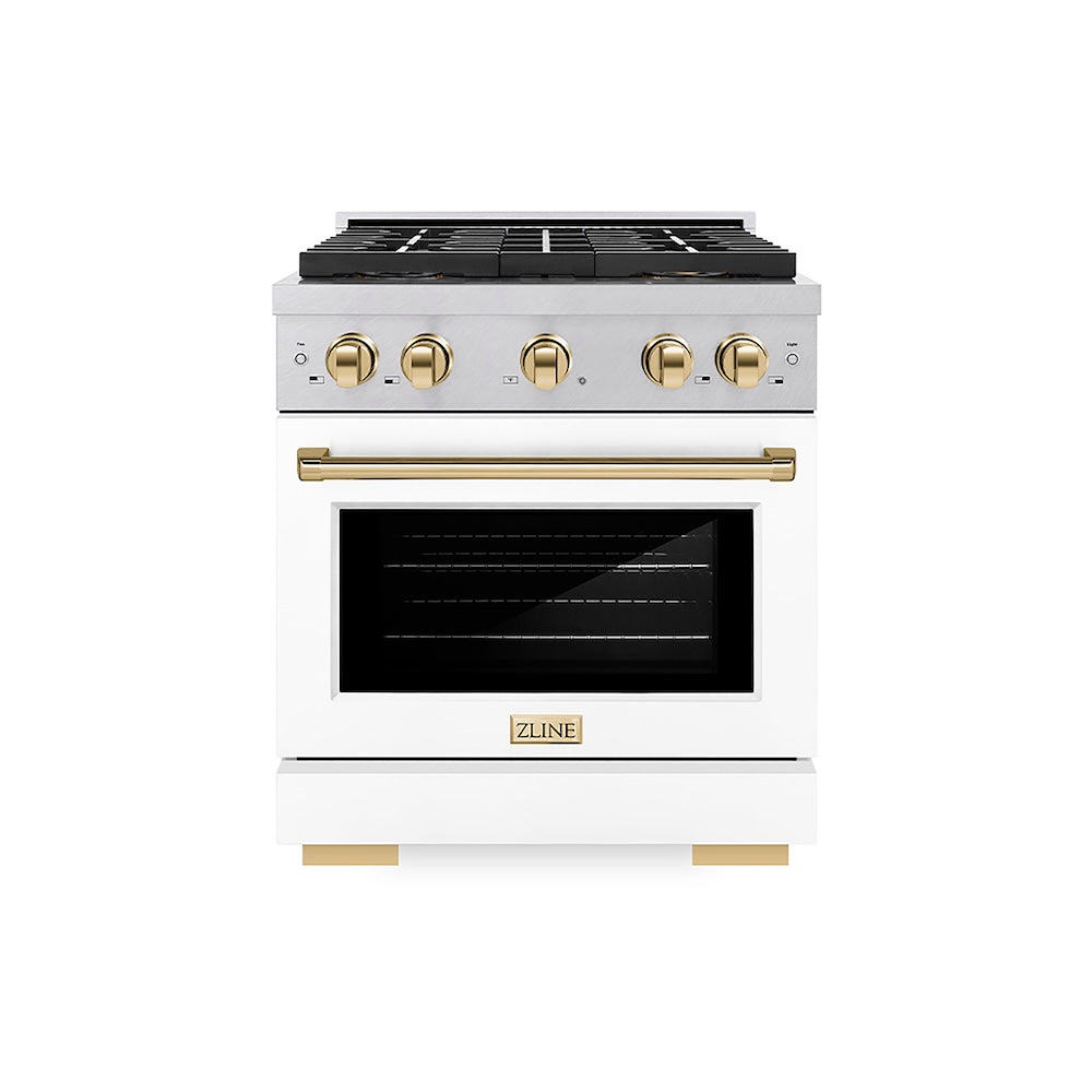ZLINE Autograph Edition 30 in. 4.2 cu. ft. Paramount Dual Fuel Range with 4 Burner DuoPro™ Cooktop and Electric Convection Oven in Satin Stainless Steel with White Matte Door and Polished Gold Accents, Open Box-Good Condition