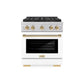 ZLINE Autograph Edition 30 in. 4.2 cu. ft. Paramount Dual Fuel Range with 4 Burner DuoPro™ Cooktop and Electric Convection Oven in Satin Stainless Steel with White Matte Door and Polished Gold Accents (PSDRSZ-WM-30-G) front.