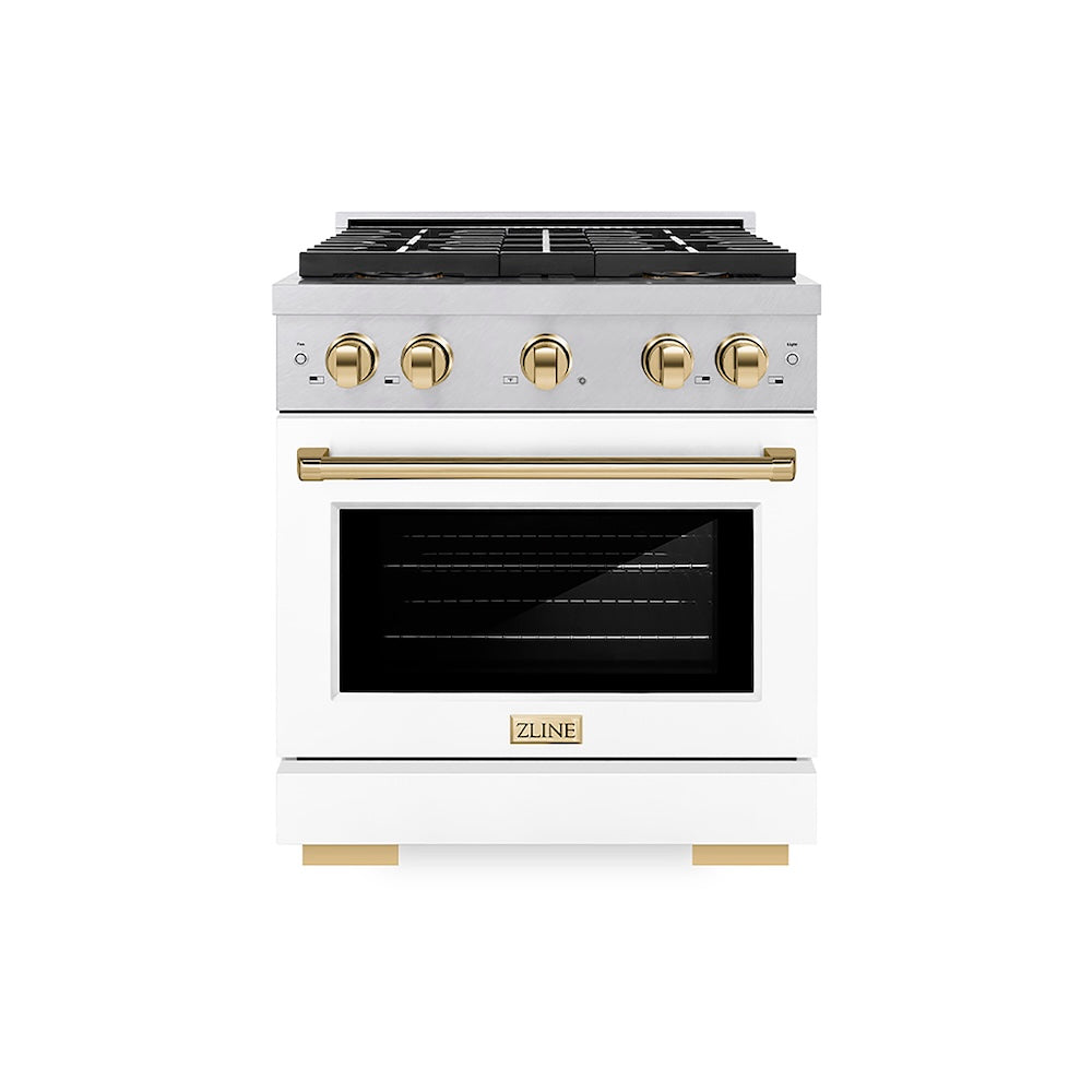 ZLINE Autograph Edition 30 in. 4.2 cu. ft. Paramount Dual Fuel Range with 4 Burner DuoPro™ Cooktop and Electric Convection Oven in Satin Stainless Steel with White Matte Door and Polished Gold Accents (PSDRSZ-WM-30-G) front.