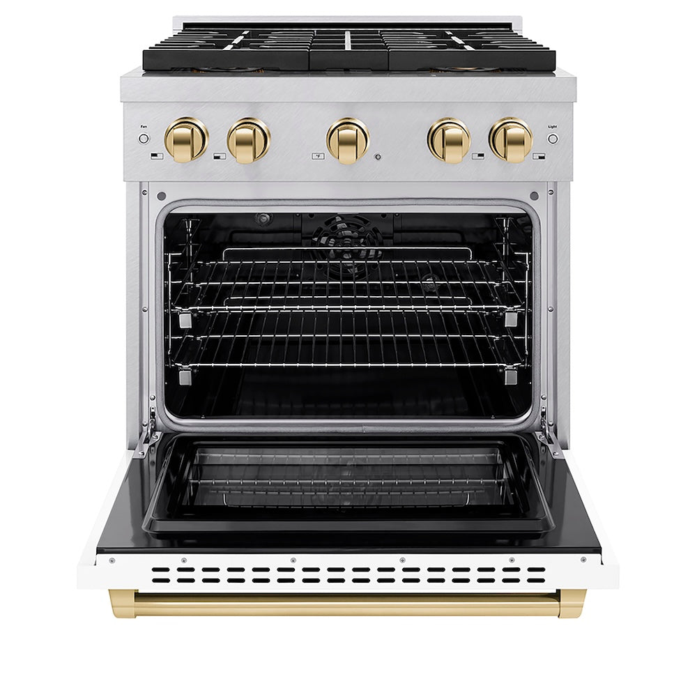 ZLINE Autograph Edition 30 in. 4.2 cu. ft. Paramount Dual Fuel Range with 4 Burner DuoPro™ Cooktop and Electric Convection Oven in Satin Stainless Steel with White Matte Door and Polished Gold Accents, Open Box-Good Condition