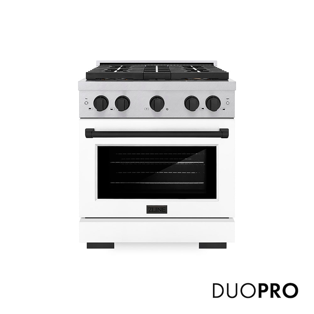 ZLINE Autograph Edition 30 in. 4.2 cu. ft. Paramount Dual Fuel Range with 4 Burner DuoPro™ Cooktop and Electric Convection Oven in Satin Stainless Steel with White Matte Door and Matte Black Accents, Open Box-Good Condition