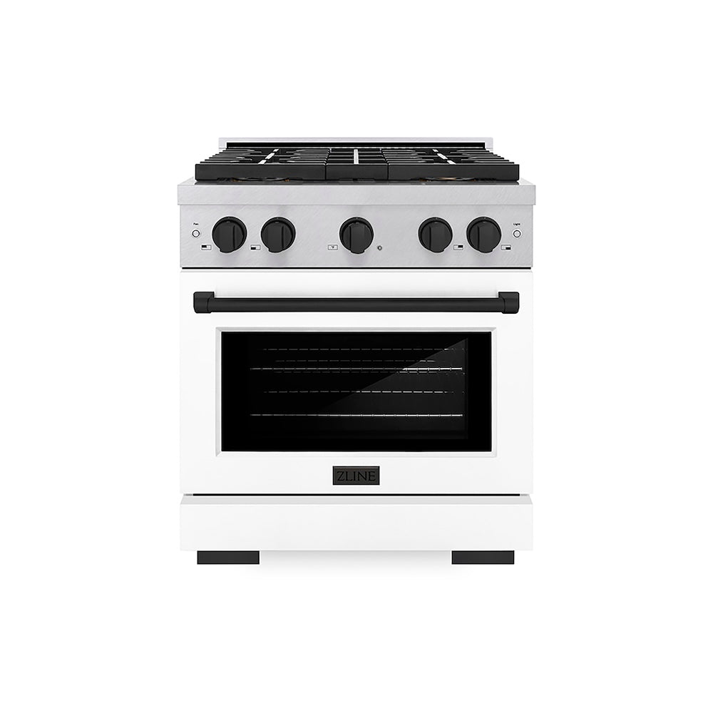 ZLINE Autograph Edition 30 in. 4.2 cu. ft. Paramount Dual Fuel Range with 4 Burner DuoPro™ Cooktop and Electric Convection Oven in Satin Stainless Steel with White Matte Door and Matte Black Accents (PSDRSZ-WM-30-MB) front.
