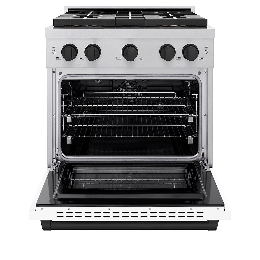 ZLINE Autograph Edition 30 in. 4.2 cu. ft. Paramount Dual Fuel Range with 4 Burner DuoPro™ Cooktop and Electric Convection Oven in Satin Stainless Steel with White Matte Door and Matte Black Accents, Open Box-Good Condition