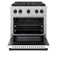 ZLINE Autograph Edition 30 in. 4.2 cu. ft. Paramount Dual Fuel Range with 4 Burner DuoPro™ Cooktop and Electric Convection Oven in Satin Stainless Steel with White Matte Door and Matte Black Accents (PSDRSZ-WM-30-MB) front, oven open.