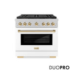 ZLINE Autograph Edition 36 in. 5.2 cu. ft. Paramount Dual Fuel Range with 6 Burner DuoPro™ Cooktop and Electric Convection Oven in Satin Stainless Steel with White Matte Door and Polished Gold Accents (PSDRSZ-WM-36-G) front, with DuoPro™ logo.