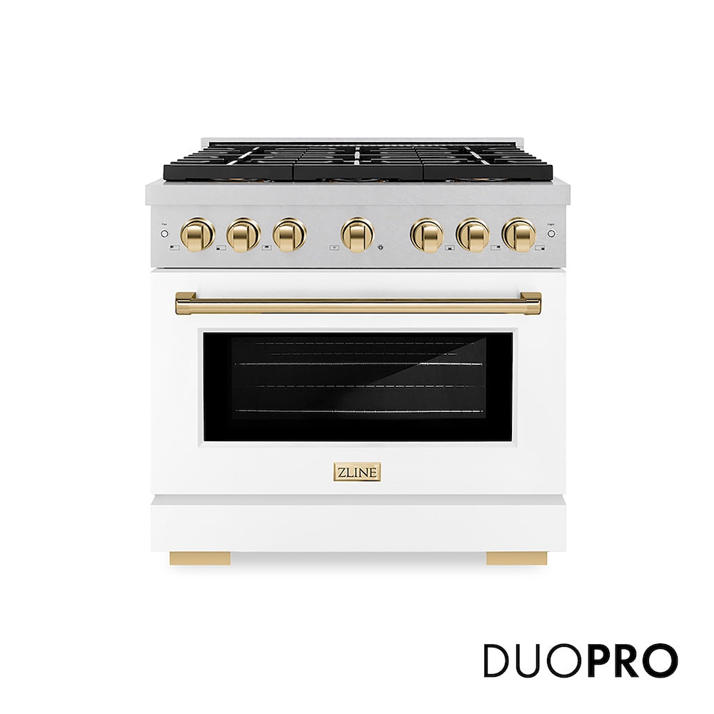 ZLINE Autograph Edition 36 in. 5.2 cu. ft. Paramount Dual Fuel Range with 6 Burner DuoPro™ Cooktop and Electric Convection Oven in Satin Stainless Steel with White Matte Door and Polished Gold Accents (PSDRSZ-WM-36-G) front, with DuoPro™ logo.
