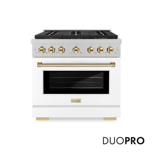ZLINE Autograph Edition 36 in. 5.2 cu. ft. Paramount Dual Fuel Range with 6 Burner DuoPro™ Cooktop and Electric Convection Oven in Satin Stainless Steel with White Matte Door and Polished Gold Accents (PSDRSZ-WM-36-G) main image.
